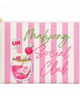 A pink and white striped zippered pouch featuring a colorful graphic of a pink cocktail and the text 'Mahjong Social Club' in green and pink script, with a gold zipper pull.