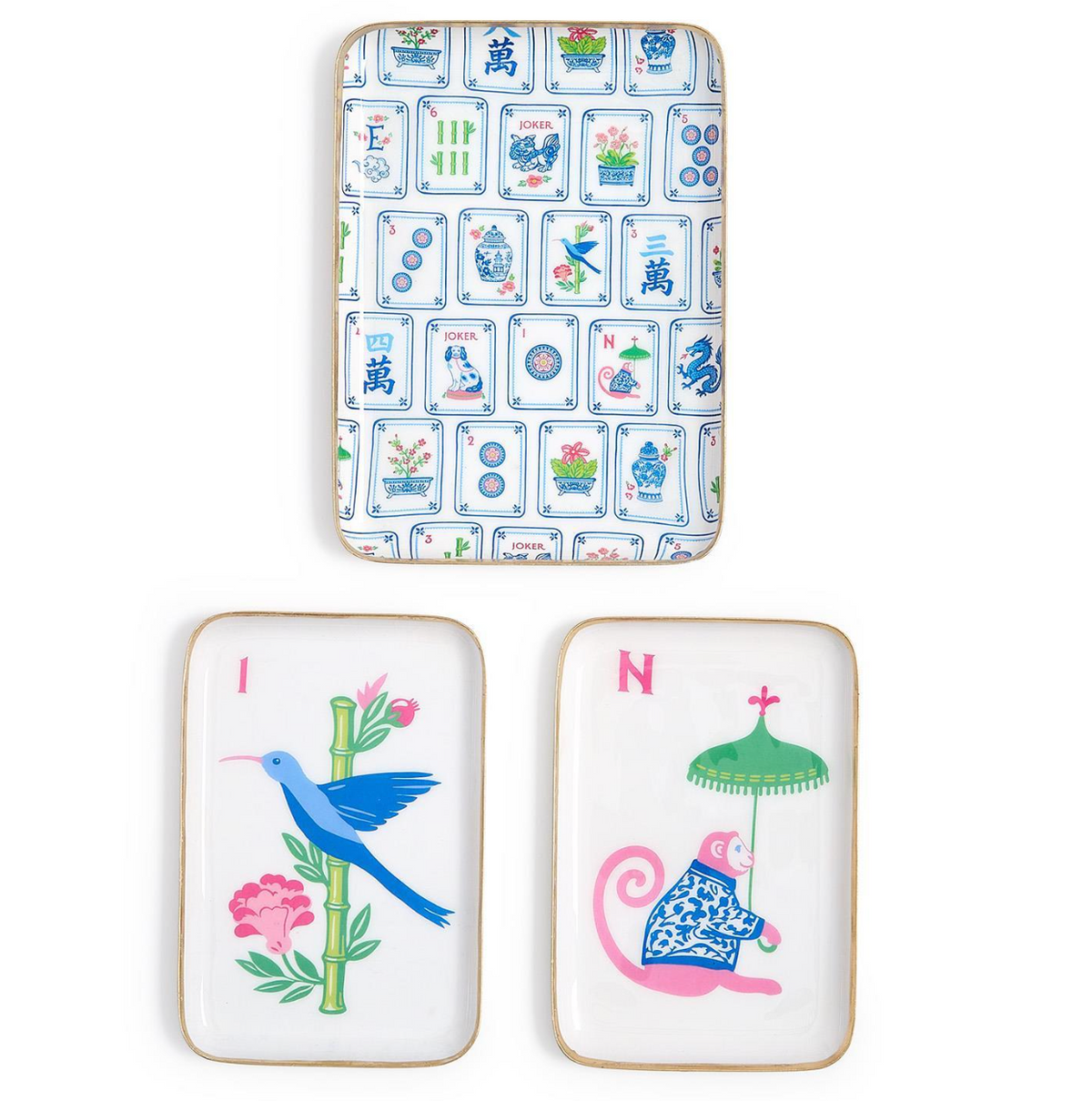 Set of three metal mahjong tile trays with gold border