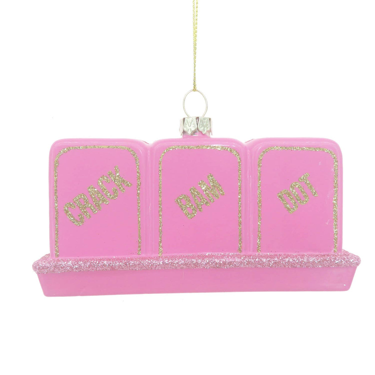 Pink glass Mahjong Christmas ornament with 'Crack', 'Bam', and 'Dot' text on a pink  background