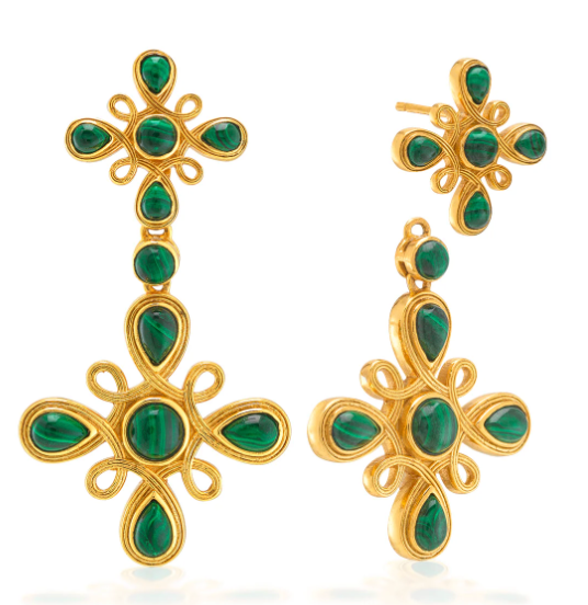 Gold earrings with green gemstones on a white background