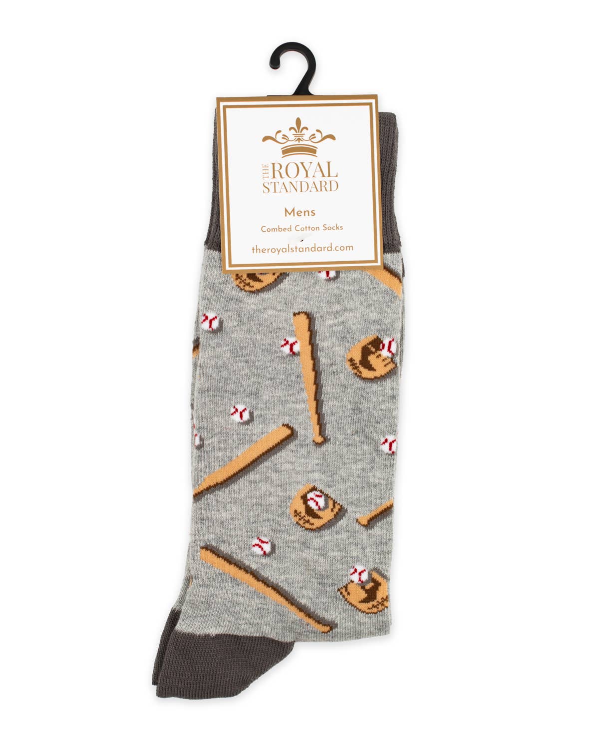 Gray sock with baseball-themed design on a hanger with 'Royal Standard' label.