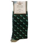 Green duck patterned sock on a white background