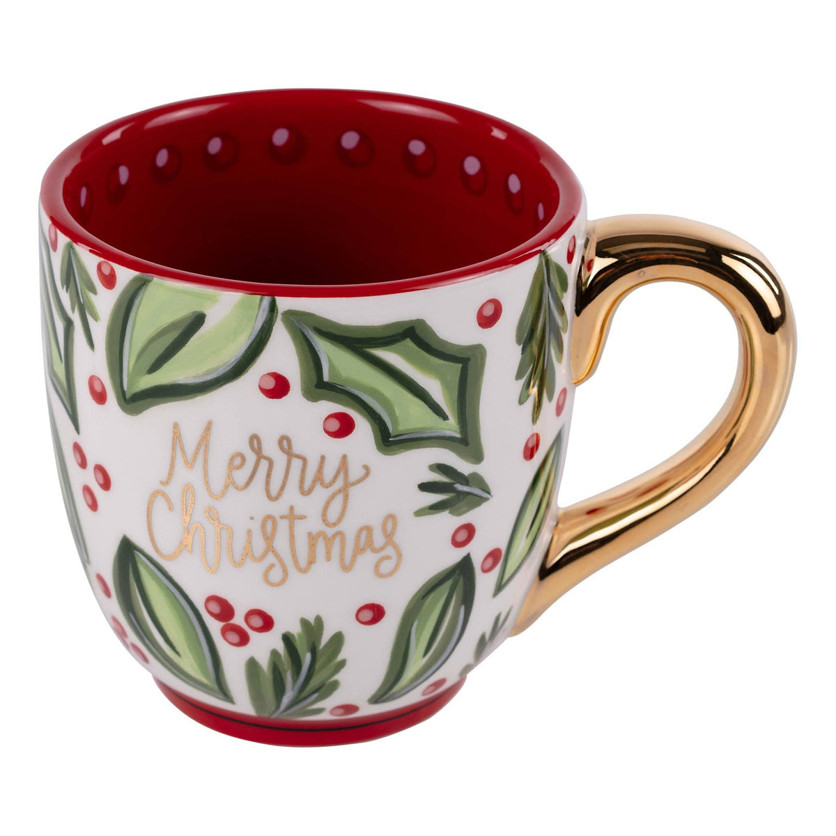 Christmas-themed mug with holly design and 'Merry Christmas' text on a white background