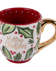 Christmas-themed mug with holly design and 'Merry Christmas' text on a white background