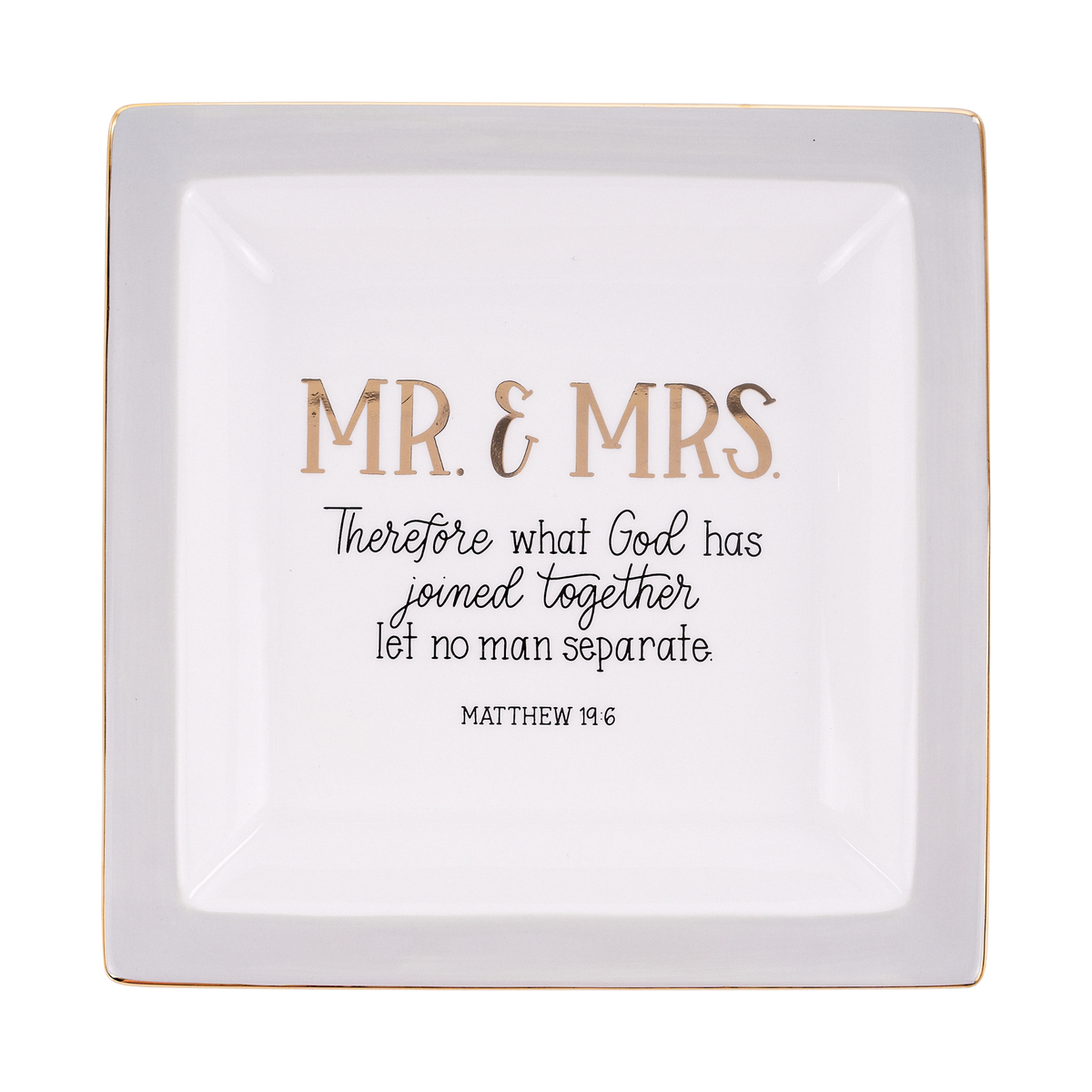 Decorative plate with 'Mr. &amp; Mrs.' text and Bible verse on a white background