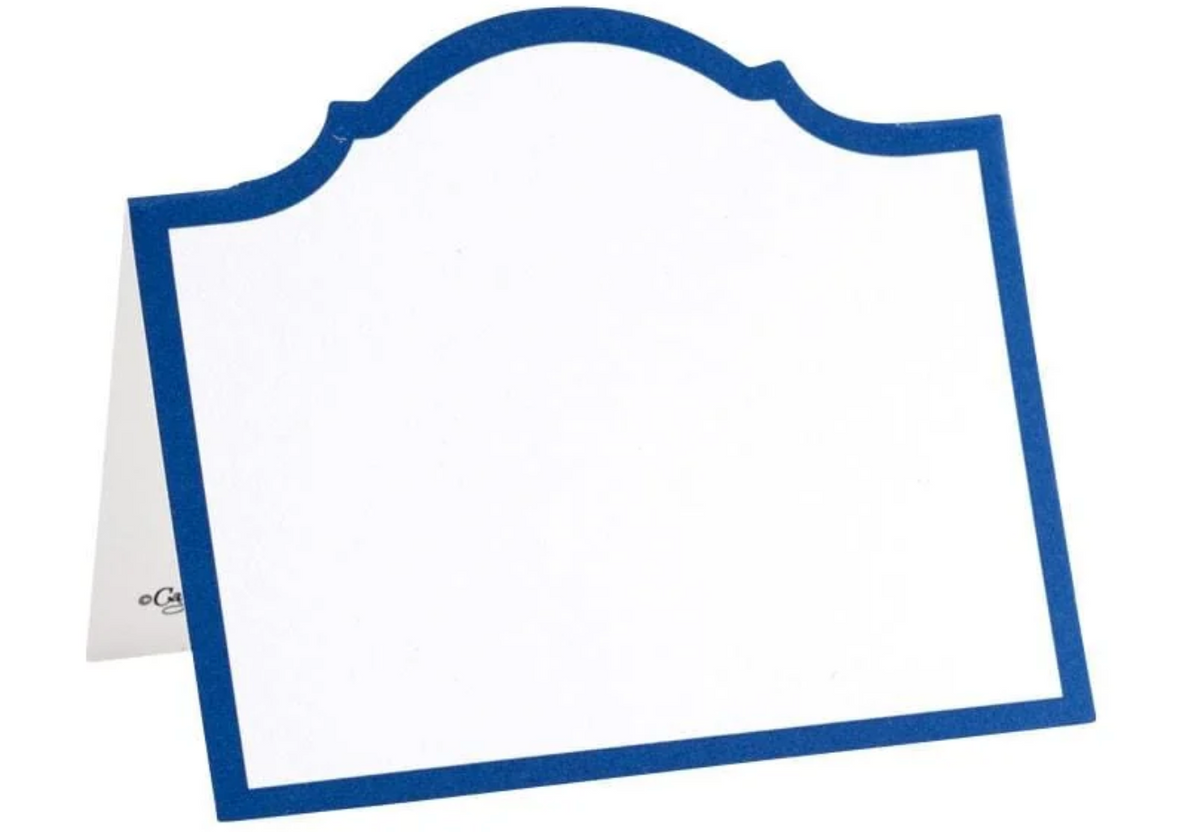 White place card with arched design and blue border