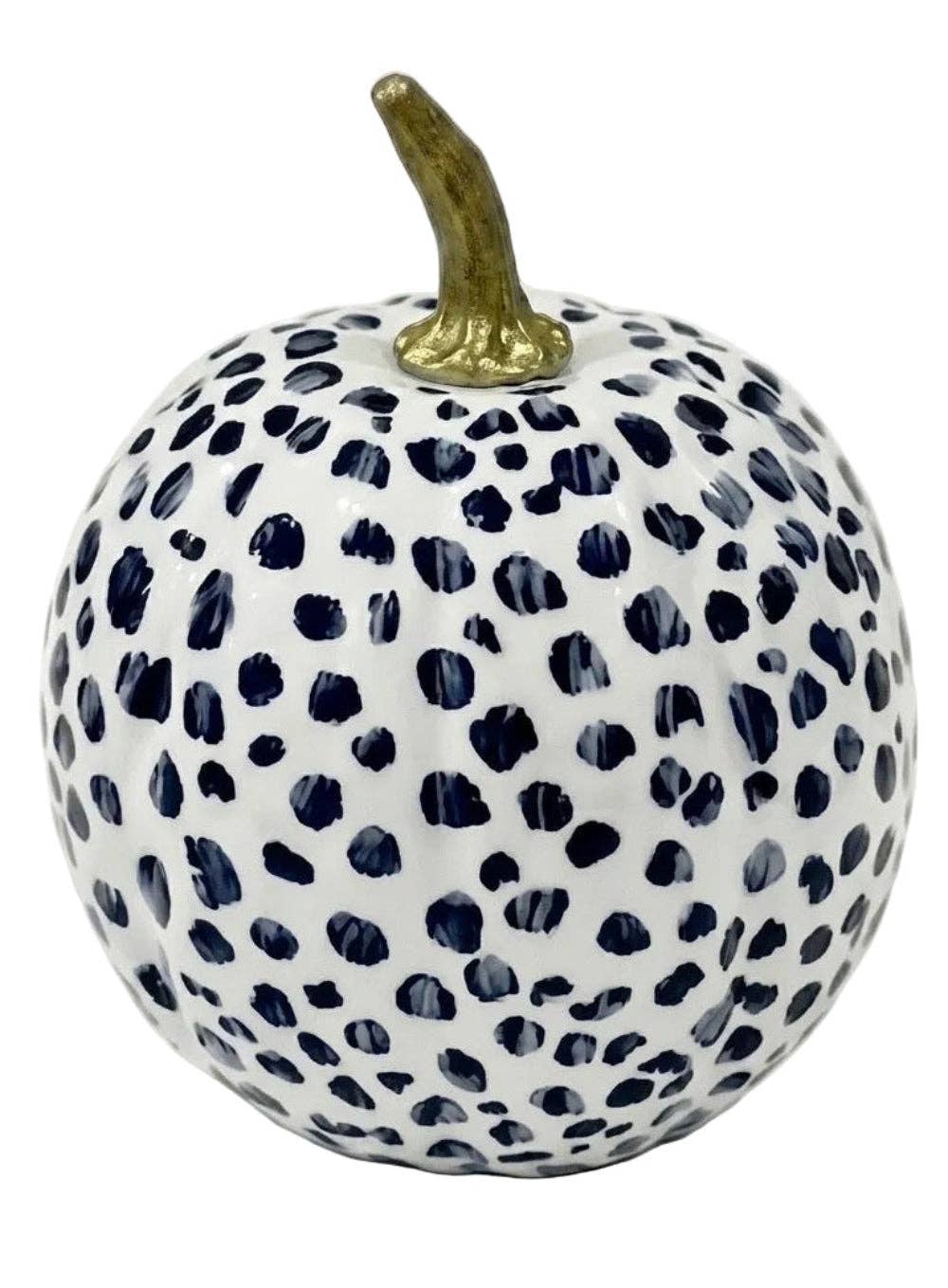 A decorative pumpkin with a white base covered in dark navy blue leopard-like spots, featuring a metallic gold stem on a plain white background.