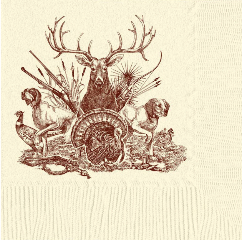 Wildlife hunting motif on a cream color cocktail napkin