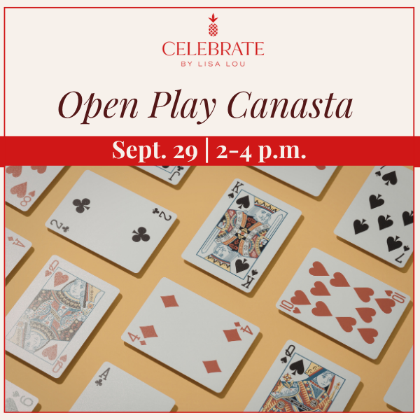 Playing cards on a yellow background with 'Celebrate by Lisa Lou' branding and event details.