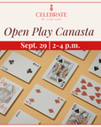 Playing cards on a yellow background with 'Celebrate by Lisa Lou' branding and event details.