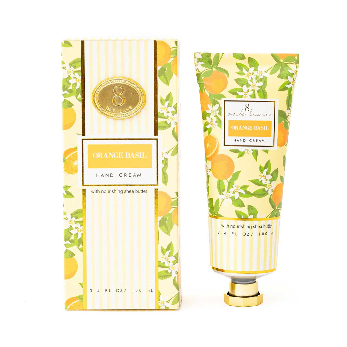 Orange Basil Hand Cream with packaging featuring orange design on a white background
