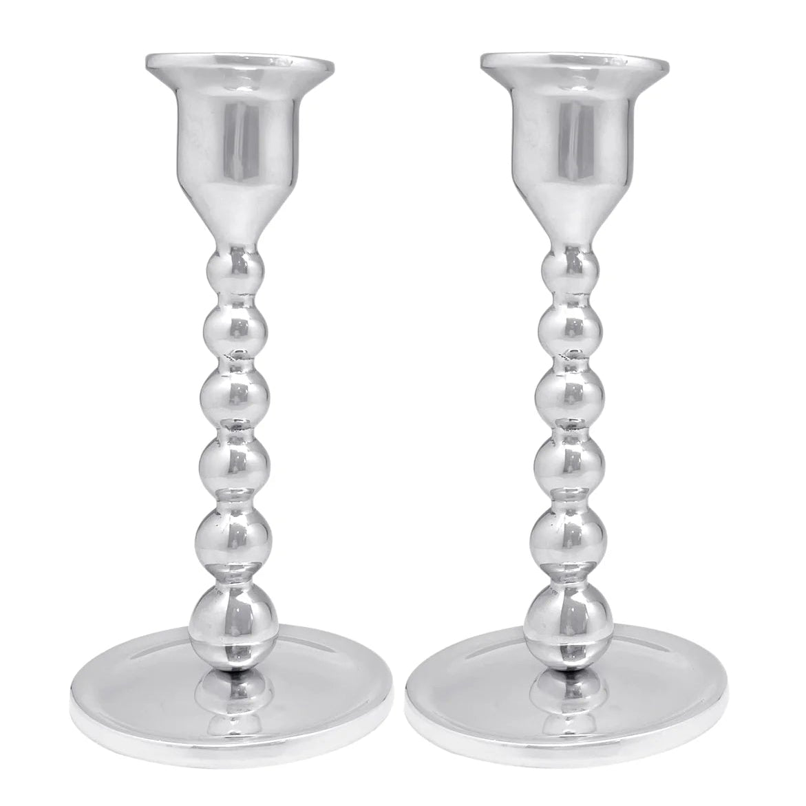 A pair of silver pearled small candlesticks on a white background.