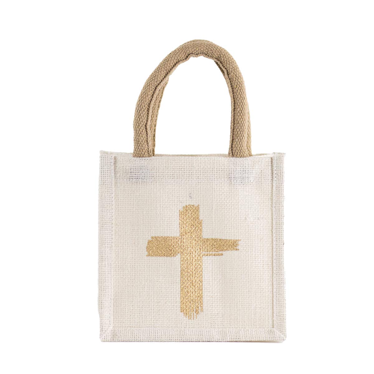 Beige tote bag with a gold cross on a white background
