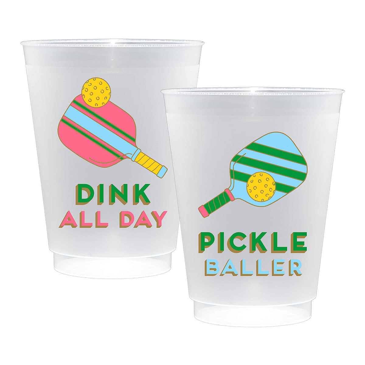 Two clear plastic cups with pickleball-themed designs and text on a white background.