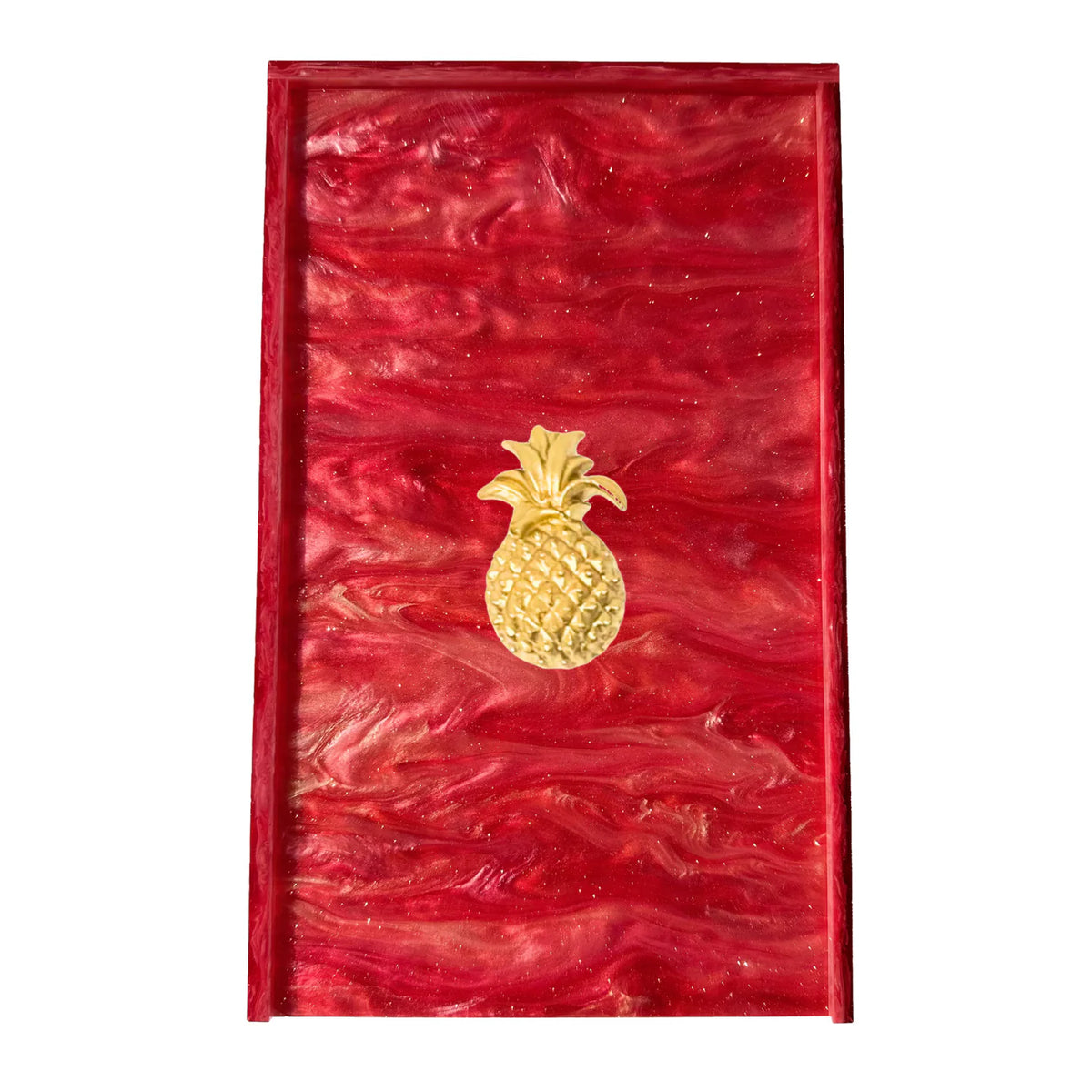 Red decorative box with a gold pineapple emblem on a white background
