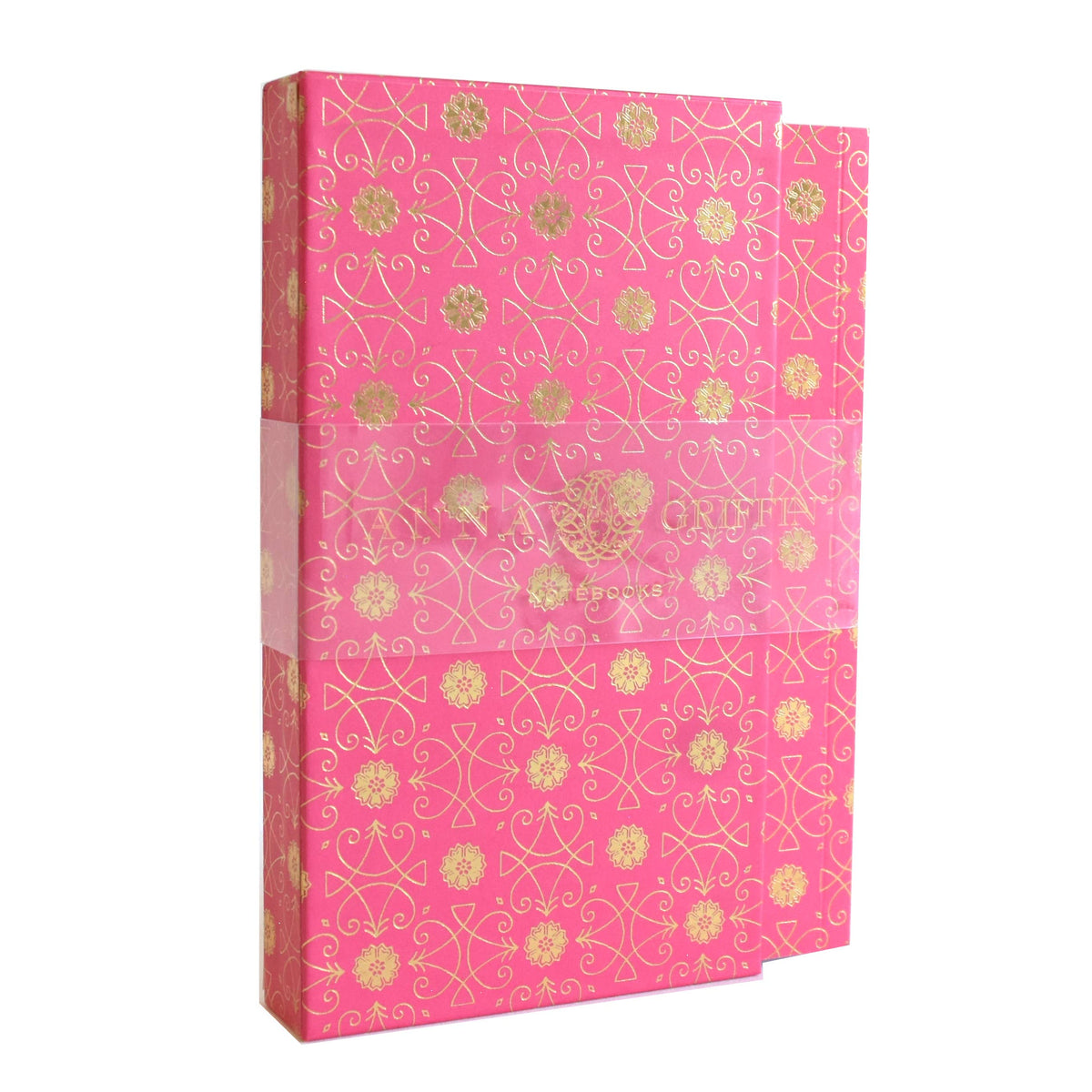 Pink with gold foil box that contains notebooks