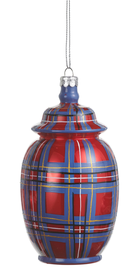 Red and blue plaid ornament with silver string