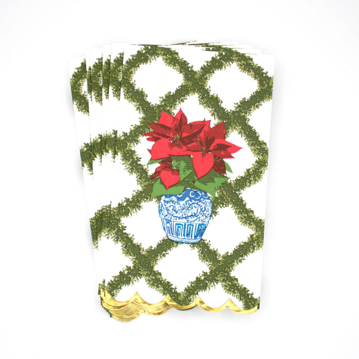 A pack of paper guest towels with a poinsettias design, featuring green and red colors and gold scalloped edges.