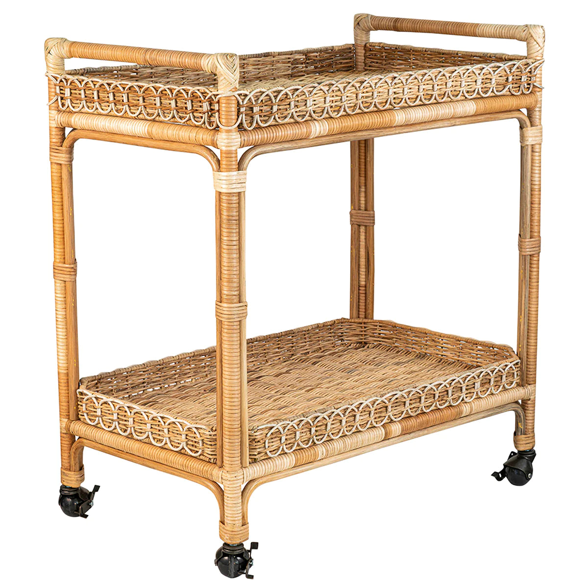 Provence Whitewash Rattan Bar Cart on a white background