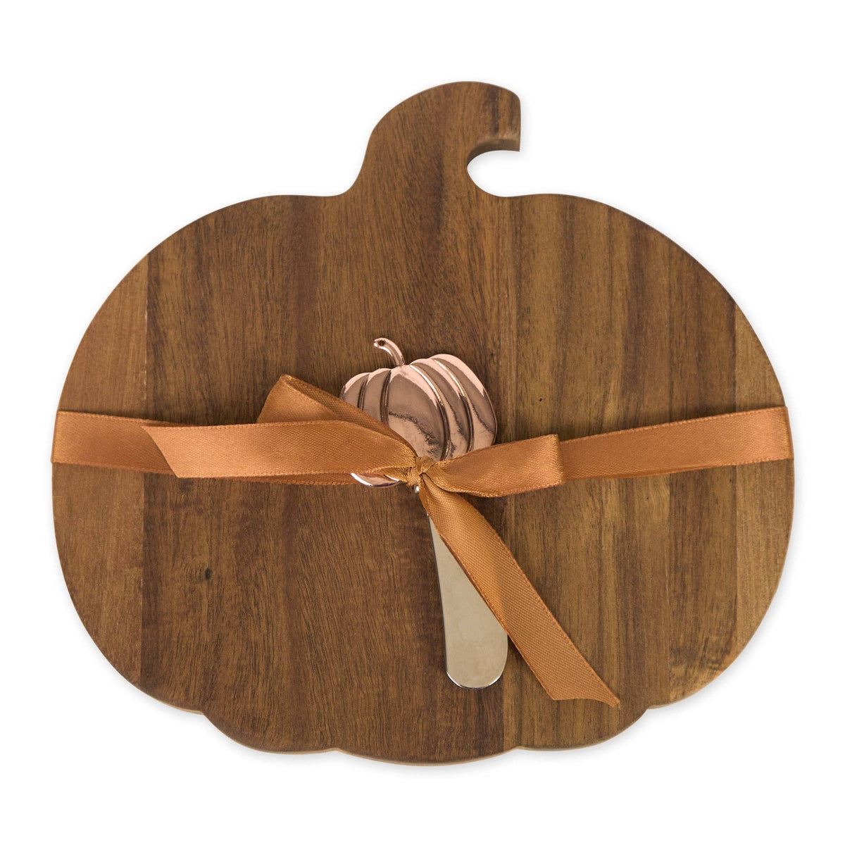 A pumpkin-shaped wooden serving board with a warm brown wood grain finish, wrapped with a tan ribbon and bow, and a small decorative pumpkin topper, shown on a plain white background.