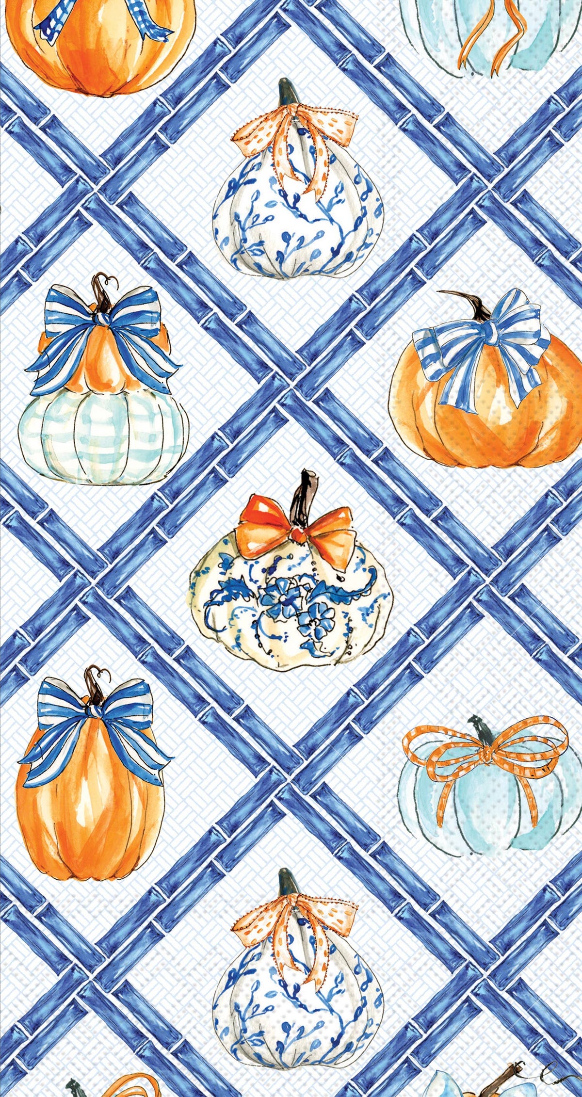 A repeating autumn pattern featuring watercolor pumpkins in orange, white with blue floral motifs, and pale blue, tied with blue and orange bows, set against a blue lattice background on a white base guest paper napkin
