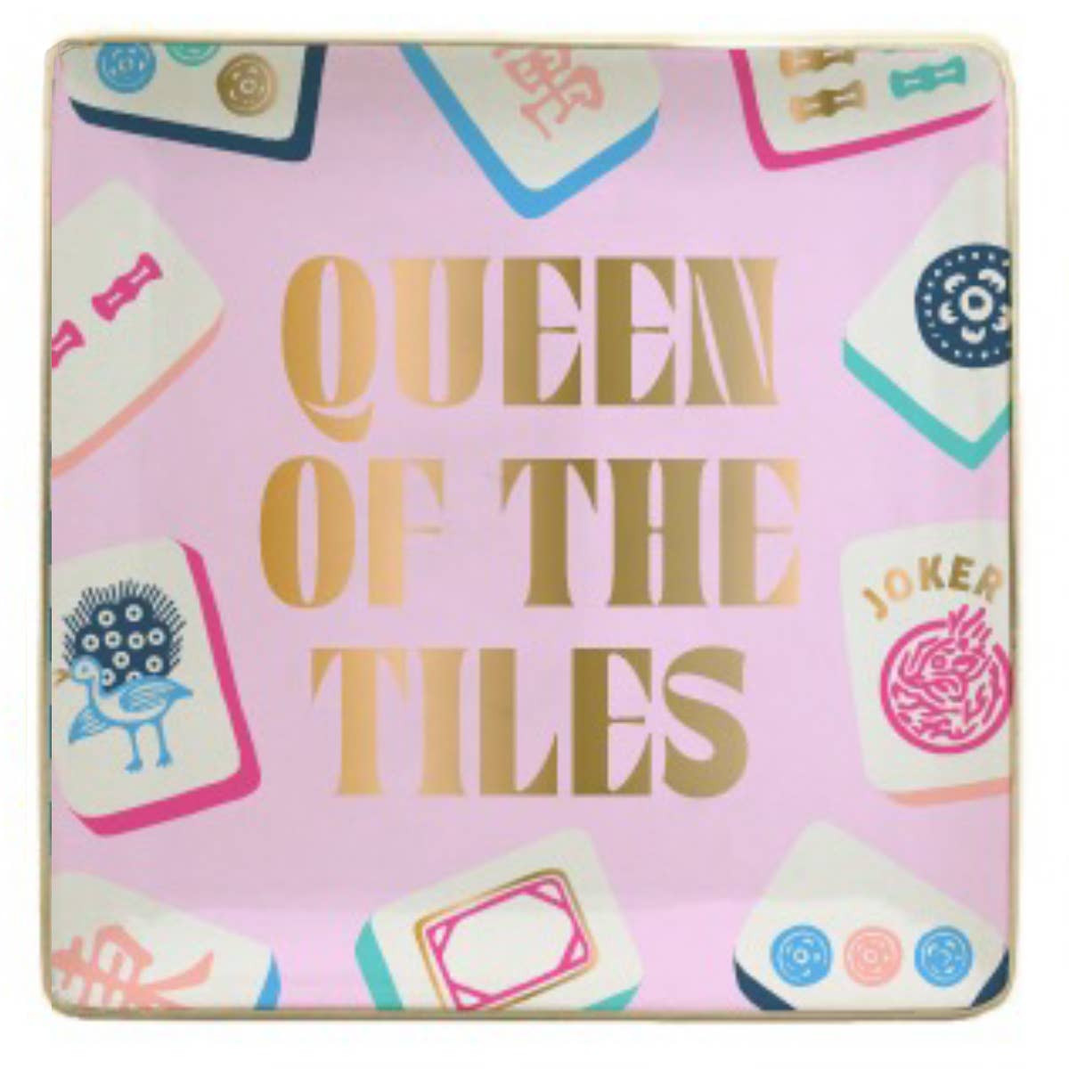 Decorative tray with 'Queen of the Tiles' text and game piece designs on a pink background