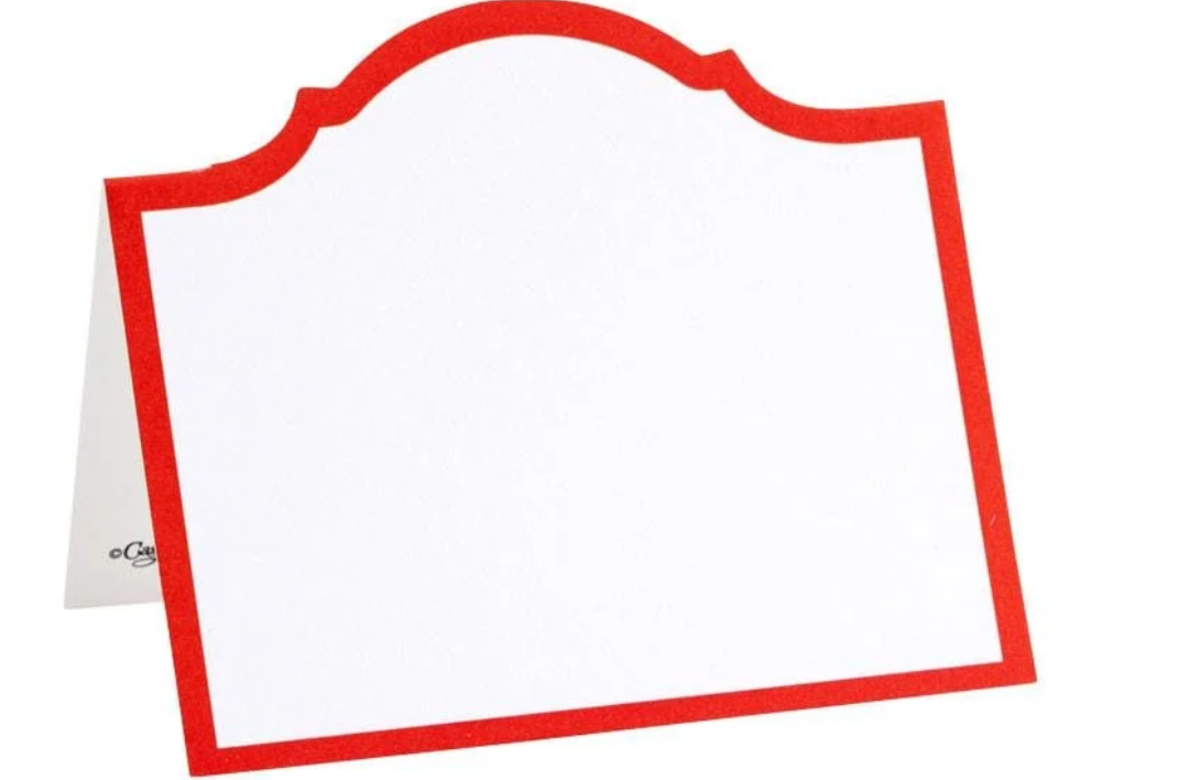 White place card with arch design and red border