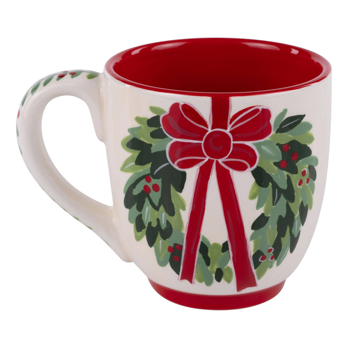 Mug with a festive design featuring a red bow and green leaves on a white background