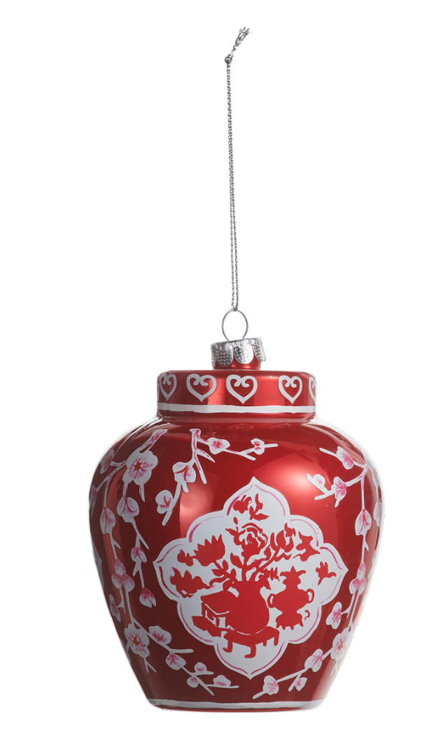 Red and white chinoiserie ornament with silver string