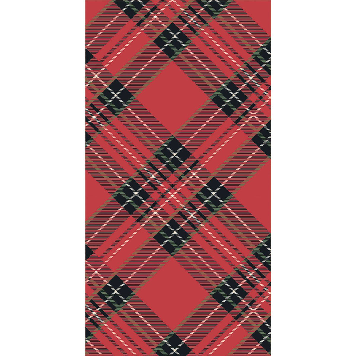 A vertical rectangular guest napkin featuring a red tartan plaid pattern with black and thin white diagonal stripes, shown against a white background.