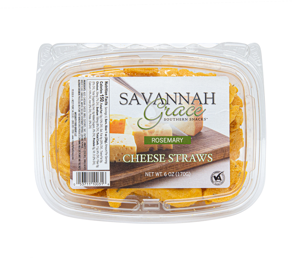 A clear plastic tub containing Rosemary Cheese Straws, with the 'Savannah Grace' brand and product details visible on the label.