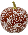 A decorative pumpkin ornament with a glossy reddish-brown base, featuring white floral and leaf patterns, three white birds, and a metallic gold stem, shown on a plain white background.