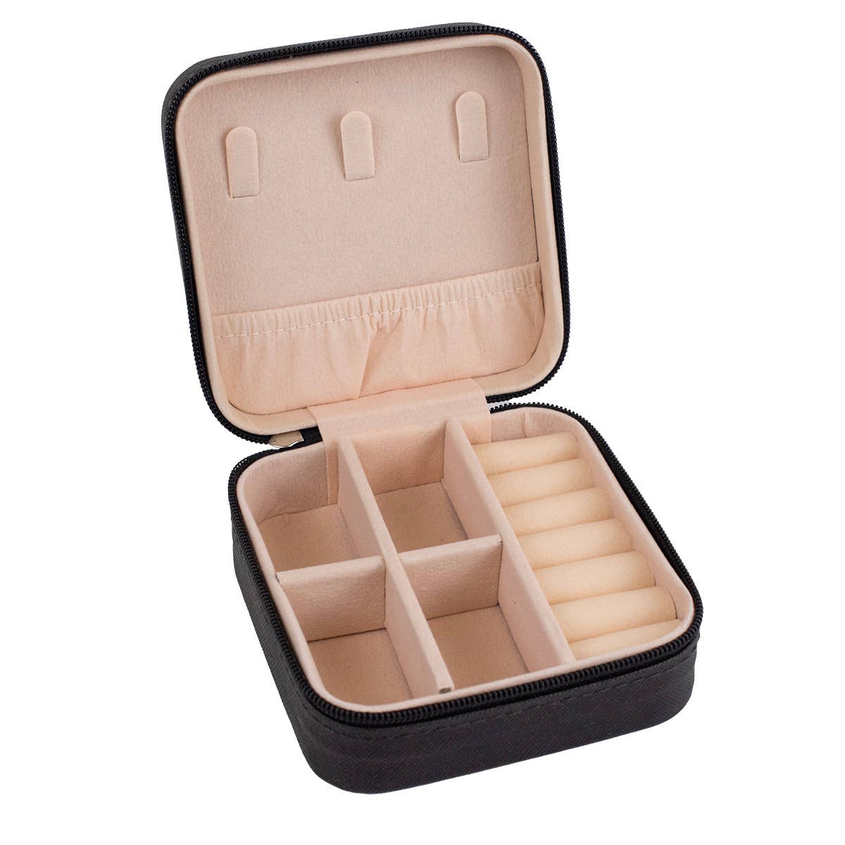 Black jewelry case with beige interior on a white background