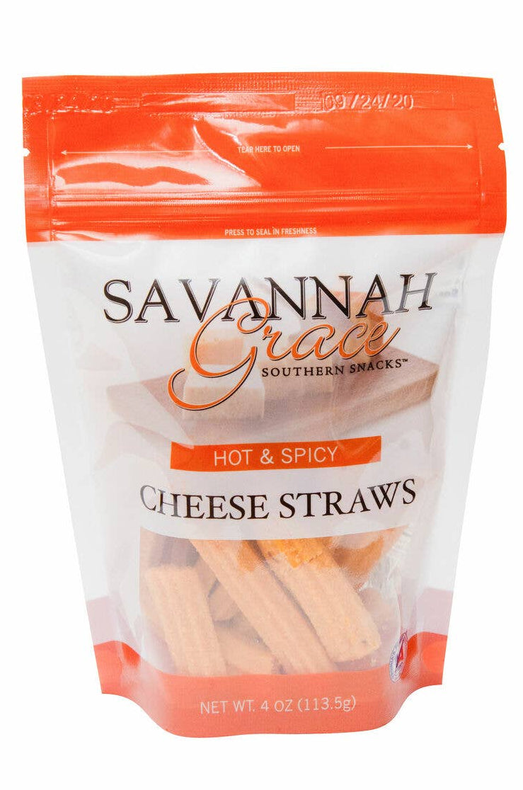 Packaging of Savannah Grace Hot & Spicy Cheese Straws on a white background