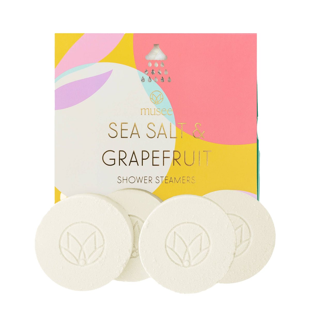 Sea Salt & Grapefruit shower steamers with colorful packaging on a white background