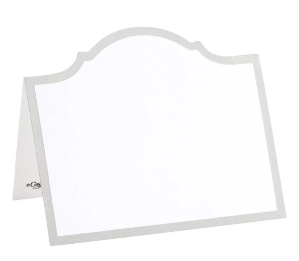 White place card with arch design and silver foil border