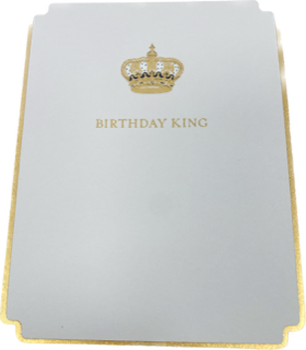 White card with gold border and 'Birthday King' text and crown emblem