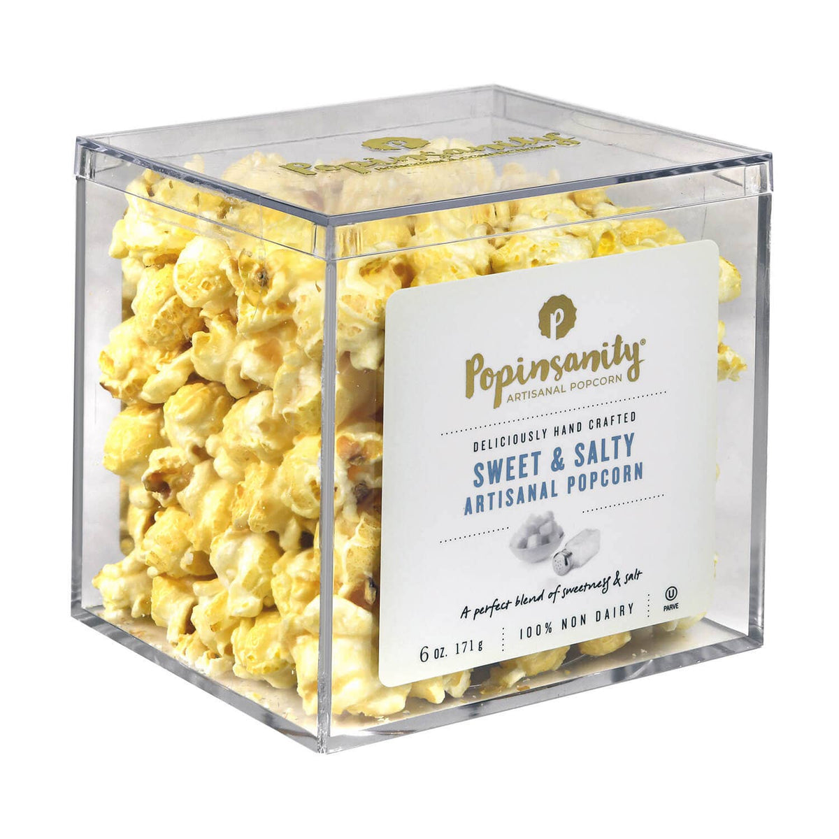 A clear square plastic container filled with Popinsanity Sweet &amp; Salty artisanal popcorn, with a white front label and gold branding, photographed on a white background.
