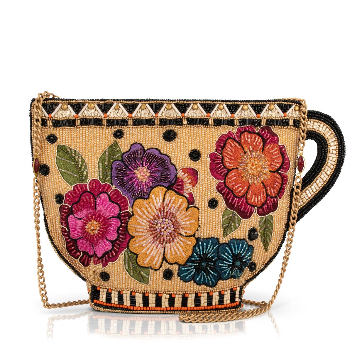 Beaded handbag with floral designs and a gold chain on a white background