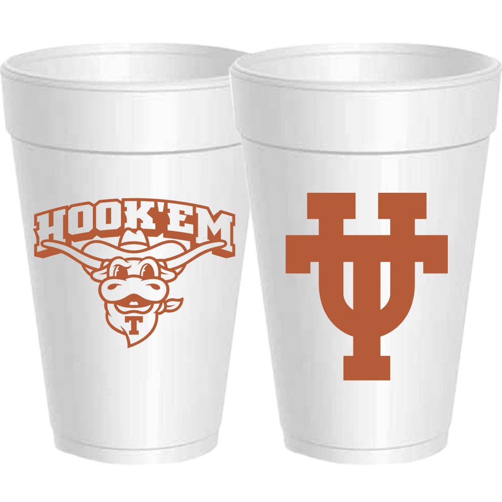 Two white styrofoam cups with Texas Longhorns logos on a white background