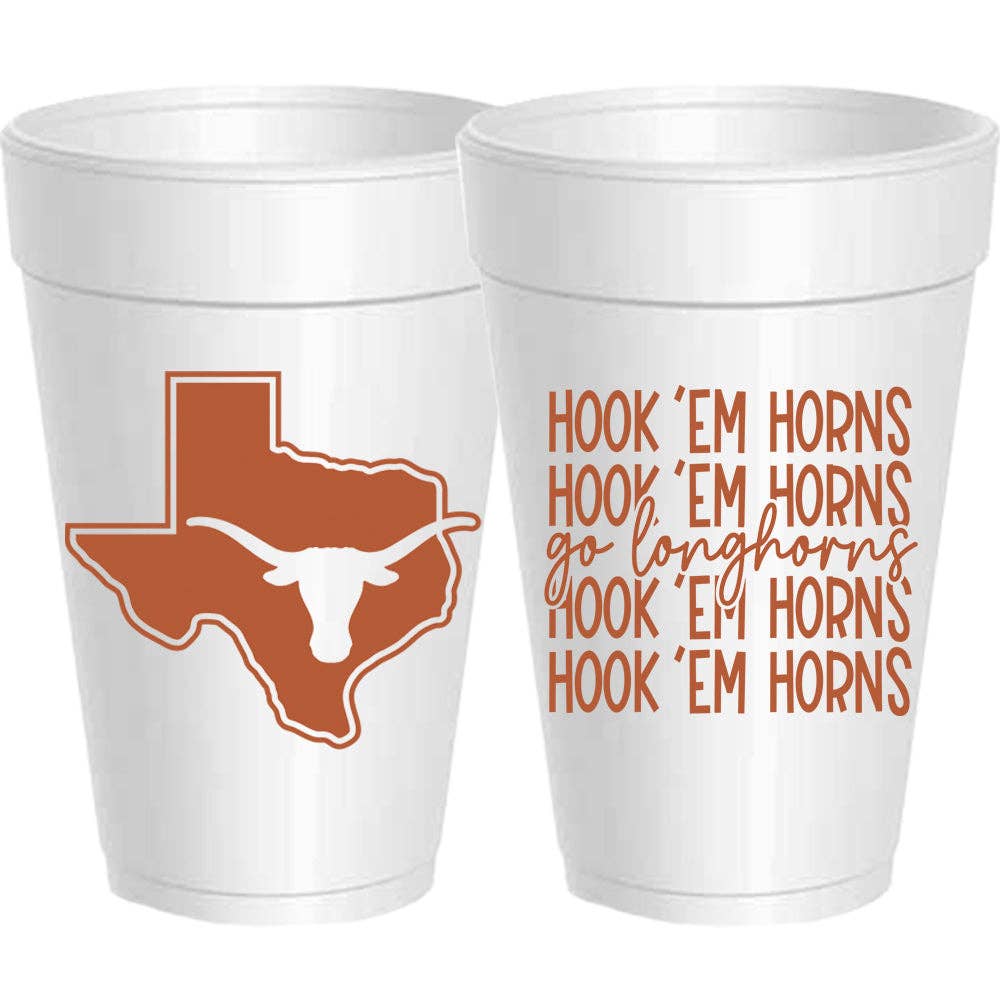 Two white styrofoam cups with Texas shape and 'Hook 'Em Horns' text on a white background