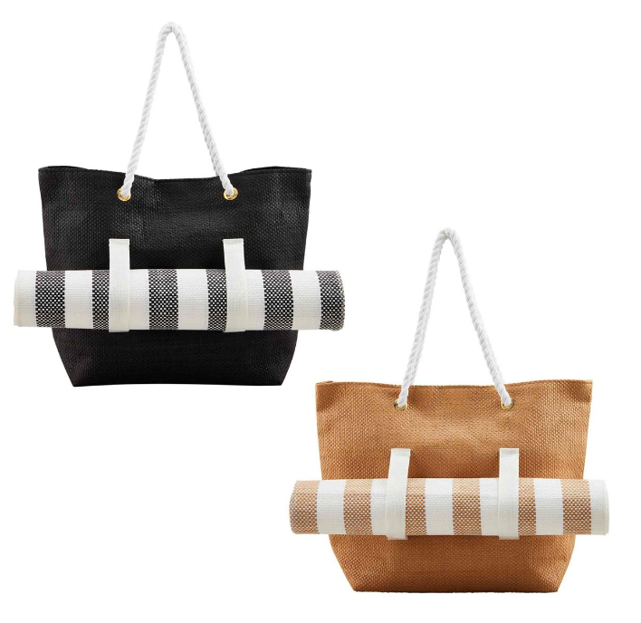 Two tote bags, one black and one beige, each with a striped pattern on the side and a white handle.