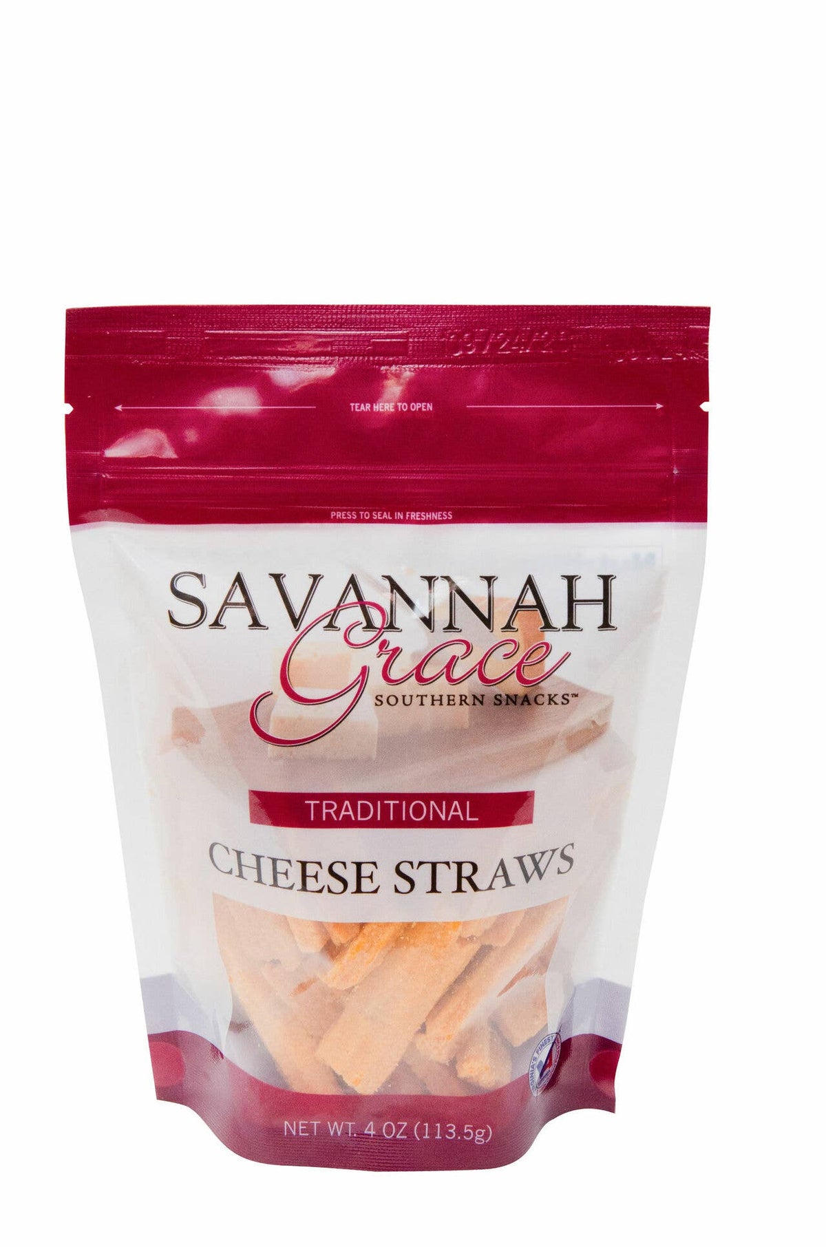 Savannah Grace cheese straws packaged in bag on a white background
