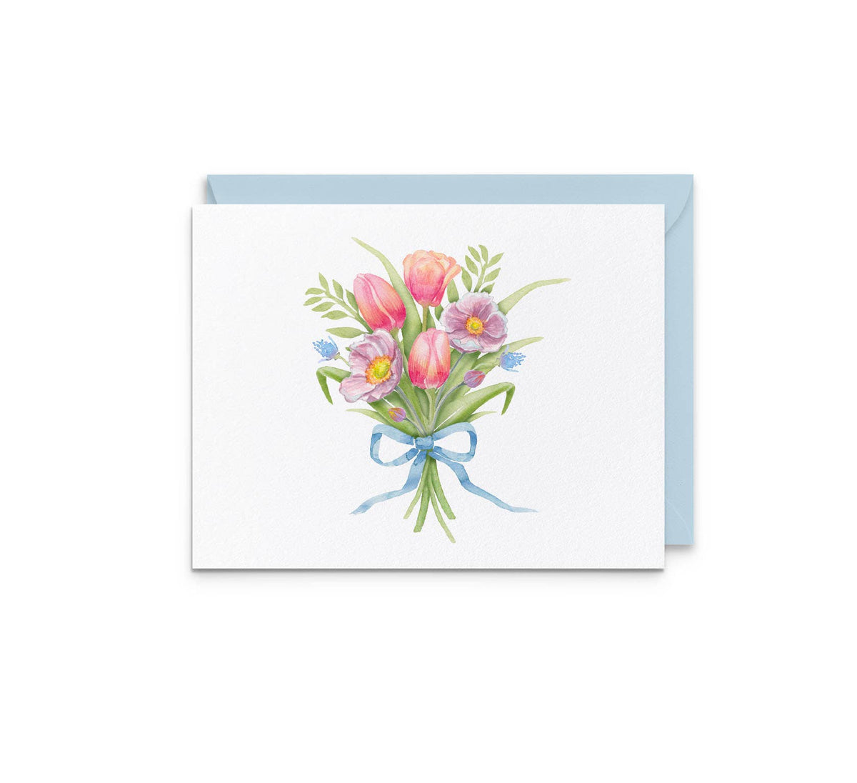 A square white greeting card with a watercolor bouquet of pink tulips, purple flowers, green leaves, and a blue ribbon, shown with a light blue envelope behind it on a white background.