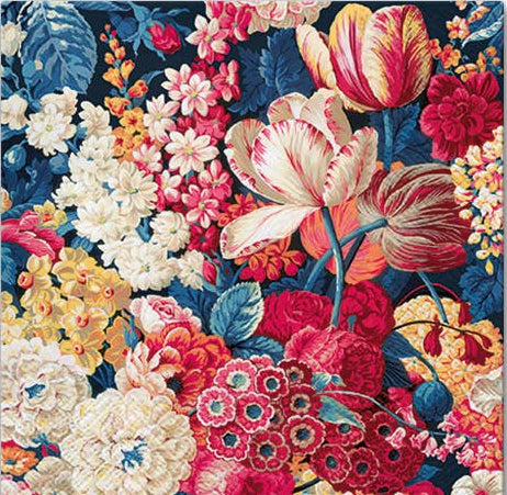 Napkins of colorful floral pattern with tulips and other flowers on a dark background