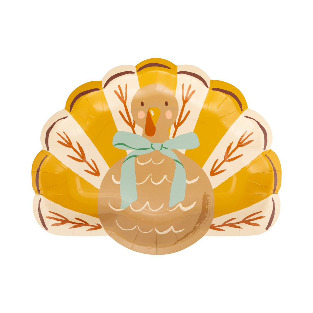 Turkey-shaped paper plates with a bow on a white background