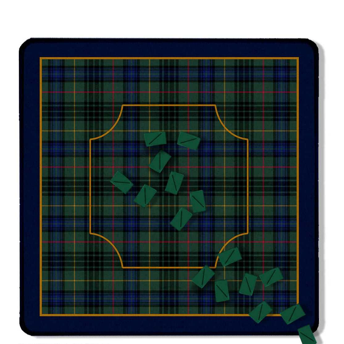 A square plaid fabric or mat with a dark navy base and green, blue, and yellow tartan lines, outlined in orange. 