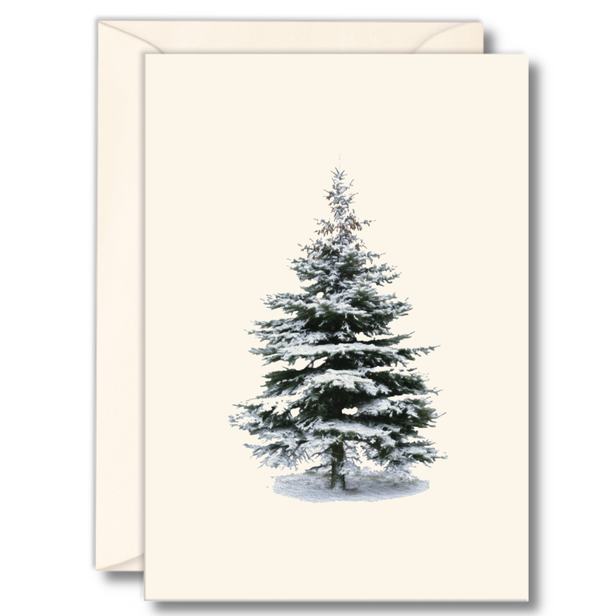 Notecard with a snowy pine tree design on a white background