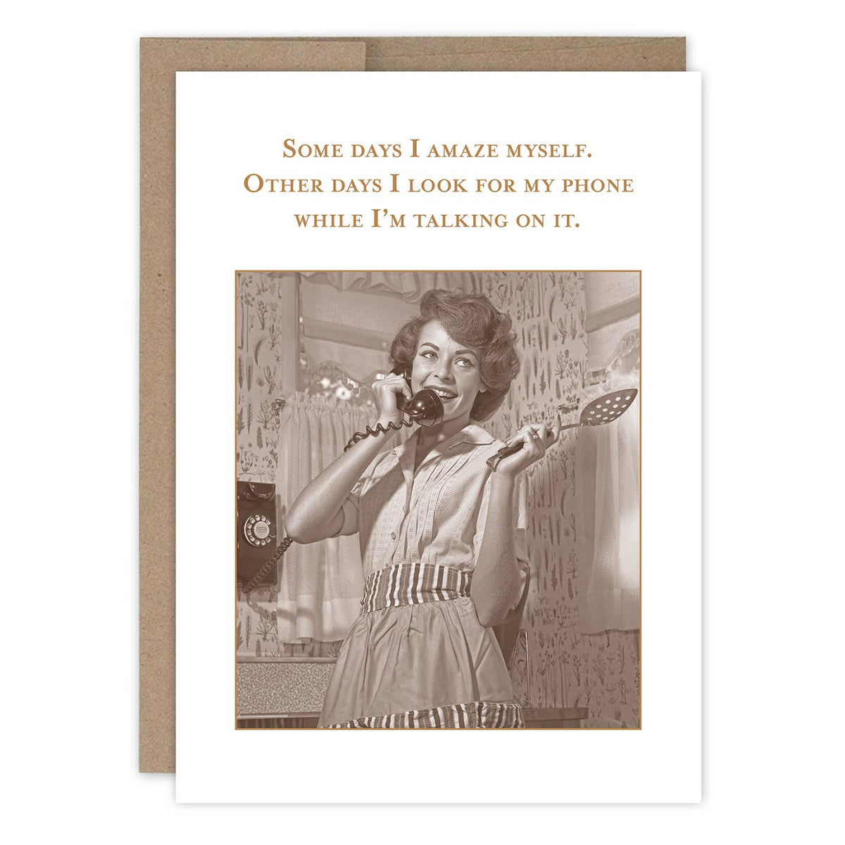 A birthday card featuring a vintage photo of a woman with a cake, with a humorous message inside.
