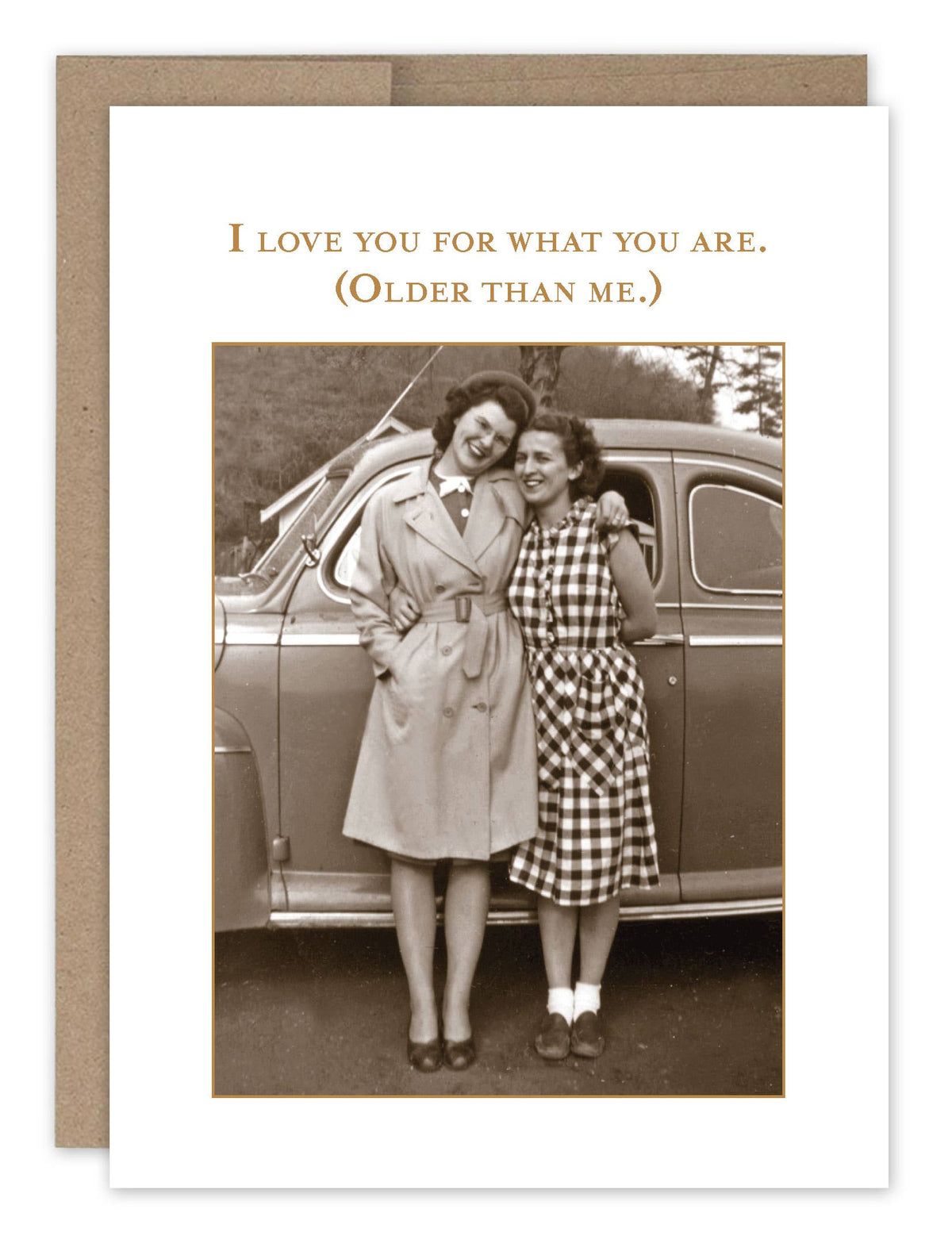 A vintage birthday card with a sepia-toned photograph of two women standing beside a car. The woman on the left is wearing a coat and smiling, while the woman on the right is in a checkered dress and appears to be speaking.